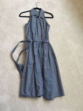 Michael Kors Sleeveless Striped Shirt Dress with Waist Tie - Blue/White